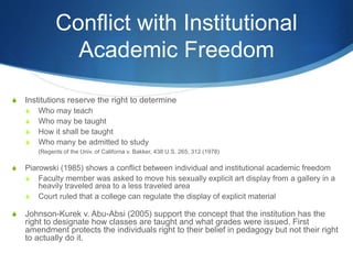 Conflict with Institutional
Academic Freedom
S Institutions reserve the right to determine
S Who may teach
S Who may be taught
S How it shall be taught
S Who many be admitted to study
(Regents of the Univ. of Californa v. Bakker, 438 U.S. 265, 312 (1978)
S Piarowski (1985) shows a conflict between individual and institutional academic freedom
S Faculty member was asked to move his sexually explicit art display from a gallery in a
heavily traveled area to a less traveled area
S Court ruled that a college can regulate the display of explicit material
S Johnson-Kurek v. Abu-Absi (2005) support the concept that the institution has the
right to designate how classes are taught and what grades were issued. First
amendment protects the individuals right to their belief in pedagogy but not their right
to actually do it.
 
