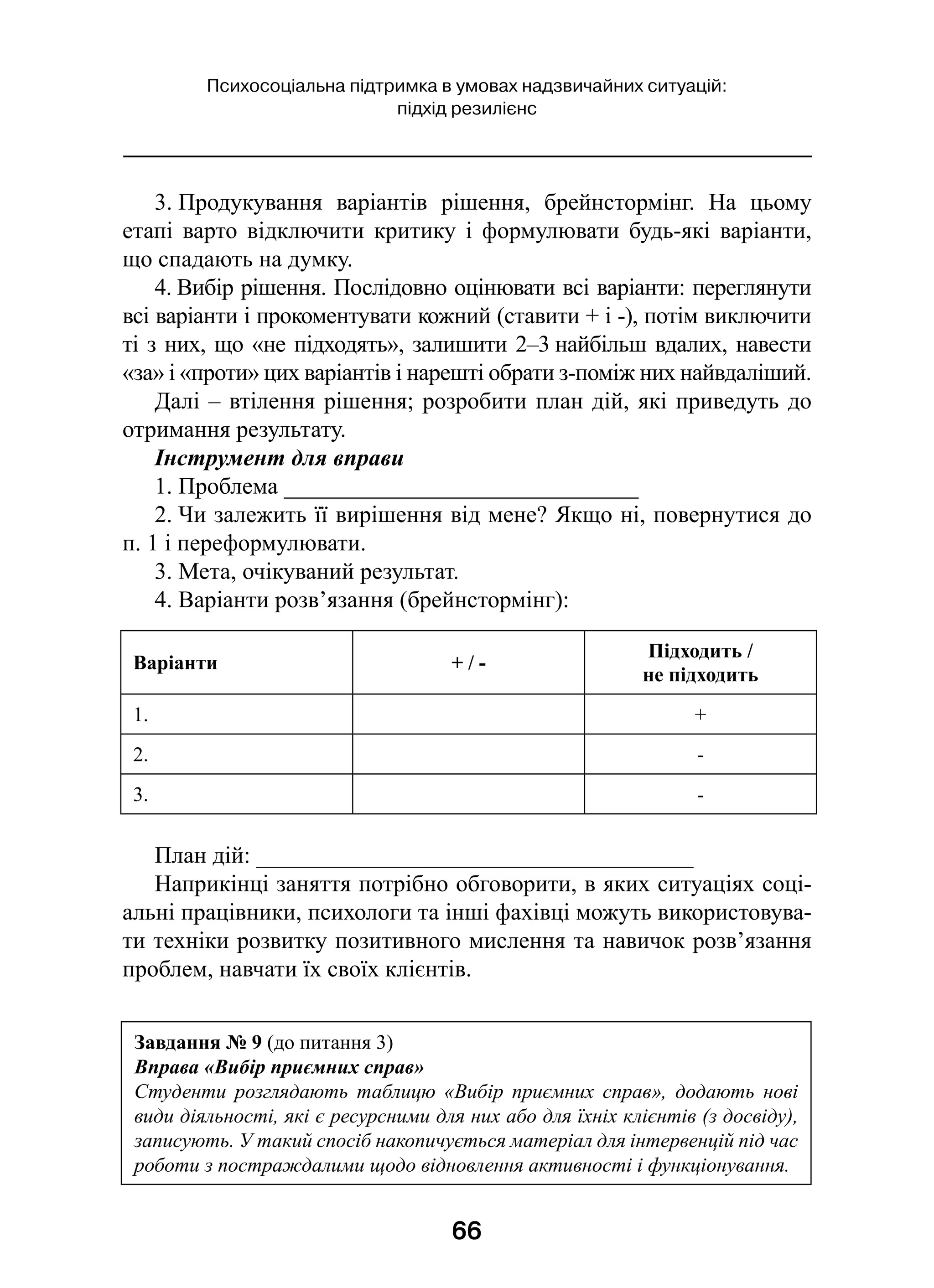 66
Психосоціальна підтримка в умовах надзвичайних ситуацій:
підхід резилієнс
3. Продукування варіантів рішення, брейнстормінг. На цьому
етапі варто відключити критику і  формулювати будь-які варіанти,
що спадають на думку.
4. Вибір рішення. Послідовно оцінювати всі варіанти: переглянути
всі варіанти і прокоментувати кожний (ставити + і -), потім виключити
ті з них, що «не підходять», залишити 2–3 найбільш вдалих, навести
«за» і «проти» цих варіантів і нарешті обрати з-поміж них найвдаліший.
Далі – втілення рішення; розробити план дій, які приведуть до
отримання результату.
Інструмент для вправи
1. Проблема ______________________________
2. Чи залежить її вирішення від мене? Якщо ні, повернутися до
п. 1 і переформулювати.
3. Мета, очікуваний результат.
4. Варіанти розв’язання (брейнстормінг):
План дій: _____________________________________
Наприкінці заняття потрібно обговорити, в яких ситуаціях соці-
альні працівники, психологи та інші фахівці можуть використовува-
ти техніки розвитку позитивного мислення та навичок розв’язання
проблем, навчати їх своїх клієнтів.
Варіанти + / -
Підходить /
не підходить
1. +
2. -
3. -
Завдання № 9 (до питання 3)
Вправа «Вибір приємних справ»
Студенти розглядають таблицю «Вибір приємних справ», додають нові
види діяльності, які є ресурсними для них або для їхніх клієнтів (з досвіду),
записують. У такий спосіб накопичується матеріал для інтервенцій під час
роботи з постраждалими щодо відновлення активності і функціонування.
 