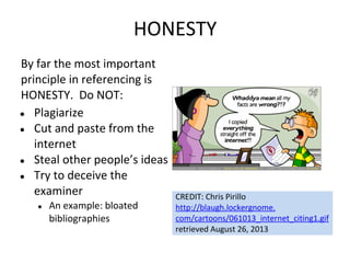 HONESTY
By far the most important
principle in referencing is
HONESTY. Do NOT:
● Plagiarize
● Cut and paste from the
internet
● Steal other people’s ideas
● Try to deceive the
examiner
● An example: bloated
bibliographies
CREDIT: Chris Pirillo
http://blaugh.lockergnome.
com/cartoons/061013_internet_citing1.gif
retrieved August 26, 2013
 