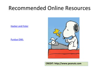 Recommended Online Resources
Hacker and Fister
Purdue OWL
CREDIT: http://www.peanuts.com
 