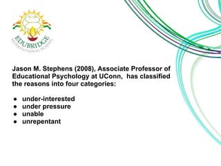 Jason M. Stephens (2008), Associate Professor of 
Educational Psychology at UConn, has classified 
the reasons into four categories: 
● under-interested 
● under pressure 
● unable 
● unrepentant 
 