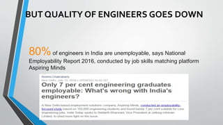 BUT QUALITY OF ENGINEERS GOES DOWN
80%of engineers in India are unemployable, says National
Employability Report 2016, conducted by job skills matching platform
Aspiring Minds
 