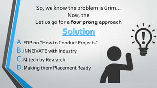 So, we know the problem is Grim…
Now, the
Let us go for a four prong approach
A.FDP on “How to Conduct Projects”
B.INNOVATE with Industry
C.M.tech by Research
D.Making them Placement Ready
 