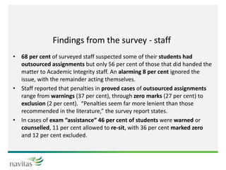Findings from the survey - staff
• 68 per cent of surveyed staff suspected some of their students had
outsourced assignments but only 56 per cent of those that did handed the
matter to Academic Integrity staff. An alarming 8 per cent ignored the
issue, with the remainder acting themselves.
• Staff reported that penalties in proved cases of outsourced assignments
range from warnings (37 per cent), through zero marks (27 per cent) to
exclusion (2 per cent). “Penalties seem far more lenient than those
recommended in the literature,” the survey report states.
• In cases of exam “assistance” 46 per cent of students were warned or
counselled, 11 per cent allowed to re-sit, with 36 per cent marked zero
and 12 per cent excluded.
 