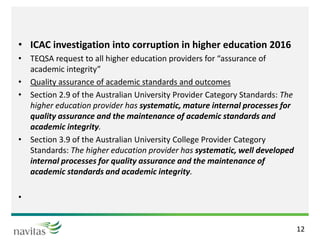 • ICAC investigation into corruption in higher education 2016
• TEQSA request to all higher education providers for “assurance of
academic integrity”
• Quality assurance of academic standards and outcomes
• Section 2.9 of the Australian University Provider Category Standards: The
higher education provider has systematic, mature internal processes for
quality assurance and the maintenance of academic standards and
academic integrity.
• Section 3.9 of the Australian University College Provider Category
Standards: The higher education provider has systematic, well developed
internal processes for quality assurance and the maintenance of
academic standards and academic integrity.
•
12
 