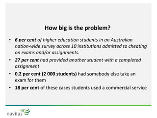 How big is the problem?
• 6 per cent of higher education students in an Australian
nation-wide survey across 10 institutions admitted to cheating
on exams and/or assignments.
• 27 per cent had provided another student with a completed
assignment
• 0.2 per cent (2 000 students) had somebody else take an
exam for them
• 18 per cent of these cases students used a commercial service
 