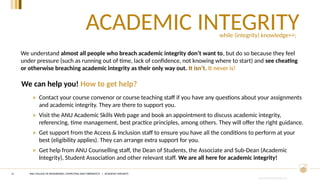 CRICOS PROVIDER #00120C
ACADEMIC INTEGRITY
11
We understand almost all people who breach academic integrity don’t want to, but do so because they feel
under pressure (such as running out of time, lack of confidence, not knowing where to start) and see cheating
or otherwise breaching academic integrity as their only way out. It isn’t. It never is!
We can help you! How to get help?
» Contact your course convenor or course teaching staff if you have any questions about your assignments
and academic integrity. They are there to support you.
» Visit the ANU Academic Skills Web page and book an appointment to discuss academic integrity,
referencing, time management, best practice principles, among others. They will offer the right guidance.
» Get support from the Access & Inclusion staff to ensure you have all the conditions to perform at your
best (eligibility applies). They can arrange extra support for you.
» Get help from ANU Counselling staff, the Dean of Students, the Associate and Sub-Dean (Academic
Integrity), Student Association and other relevant staff. We are all here for academic integrity!
while (integrity) knowledge++;
ANU COLLEGE OF ENGINEERING, COMPUTING AND CYBERNETICS | ACADEMIC INTEGRITY
 