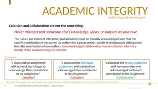 CRICOS PROVIDER #00120C
ACADEMIC INTEGRITY
6
Collusion and Collaboration are not the same thing.
Never misrepresent someone else’s knowledge, ideas, or outputs as your own.
The nature and extent of interaction (collaboration) must be formally acknowledged such that the
specific contribution of the author (or authors for a group project) can be unambiguously distinguished
from the contribution of non-authors. Unacknowledged collaboration may be collusion, which is a
breach of the Academic Integrity Principle.
“I discussed the assignment
with a friend, but I forgot to
acknowledge their contribution
to my assignment.”
[Collusion]
“I discussed the group assignment
with my teammates and
acknowledged each one's
contribution to the assignment.”
[Collaboration]
Examples
while (integrity) knowledge++;
*Note that the examples are not intended to be comprehensive but rather illustrative of common breaches of academic integrity.
“I discussed the individual
assignment with a friend and
acknowledged their contribution
to my assignment.”
[Collusion]
ANU COLLEGE OF ENGINEERING, COMPUTING AND CYBERNETICS | ACADEMIC INTEGRITY
 