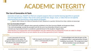 CRICOS PROVIDER #00120C
ACADEMIC INTEGRITY
9
The Use of Generative AI Tools
Generative AI tools (e.g. ChatGPT, Co-Pilot) are computer programs that use machine learning algorithms to generate
new and original data or content. They can be used to generate text, images, music, or videos that are not explicitly
programmed but are learned from a large dataset of examples.
OpenAI. (2023, February 16). What are Generative AI tools? [Response to a question]. Retrieved from https://github.com/openai/gpt
while (integrity) knowledge++;
“I used a generative AI tool and
acknowledged it in my report. The
assignment sheet mentioned that it was
not allowed, but I missed that part.”
[NOT OK]
“I did not properly cite the parts of my work
where I used Generative AI tools.”
[NOT OK]
“I acknowledged and cited all parts of the
assignment where I used generative AI tools,
including my prompts. The assignment sheet
did not mention it was not allowed.”
[OK]
Examples
*Note that the examples are not intended to be comprehensive but rather illustrative of common breaches of academic integrity.
Can I use Generative AI Tools?*
> Use of generative AI tools is allowed unless expressly prohibited in the Class Summary/Wattle and Assignment Sheet.
> You must acknowledge, provide the prompt(s) and cite the use of any Generative AI tools in your work.
> Uncited use of generative AI tools is considered a potential breach of the Academic Integrity Rules.
*Note that this is an evolving space and recommendations and rules related to the use of generative AI tools are subject to change.
Always ask teaching staff if you are not sure whether the use of these generative AI tools is allowed.
ANU COLLEGE OF ENGINEERING, COMPUTING AND CYBERNETICS | ACADEMIC INTEGRITY
 