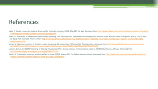 References
Jacks, T. Deakin University students kicked out for 'contract cheating. (2016, May 18). The Age. Retrieved from http://www.theage.com.au/victoria/deakin-university-students-
kicked-out-for-contract-cheating-20160517-goxm1y.html
Jeans, D. Thousands of university students caught cheating - but future doctors and teachers escaped penalty because of an 'educate rather than punish policy’. (2016, April
6). Daily Mail Australia. Retrieved from http://www.dailymail.co.uk/news/article-3525604/Students-Adelaide-universities-cheating-future-doctors-teachers-face-light-
punishments.html
Kemp, M. Alarming numbers of students caught cheating at SA universities. (2016, April 6). The Advertiser. Retrieved from http://www.adelaidenow.com.au/news/south-
australia/trainee-doctors-teachers-nurses-caught-cheating/news-story/d2d86c9dae9e8baecfa6704e9ef66df4
Leeman Bartzis, O. (2009) ‘Cheating’ or ‘Sharing’? Academic Ethics Across Cultures. In Presentation made to AACRAO Conference, Chicago. Retrieved from
http://subjectguides.wcupa.edu/c.php?g=61428&p=395703
Smith, A. The lengths university students will go to cheat. (2015, August 11). The Sydney Morning Herald. Retrieved from http://www.smh.com.au/national/education/the-
lengths-university-students-will-go-to-cheat-20150811-giwjog.html
 