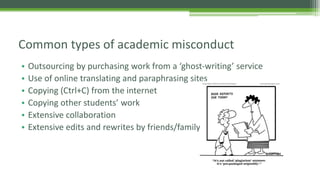 • Outsourcing by purchasing work from a ‘ghost-writing’ service
• Use of online translating and paraphrasing sites
• Copying (Ctrl+C) from the internet
• Copying other students’ work
• Extensive collaboration
• Extensive edits and rewrites by friends/family
Common types of academic misconduct
 
