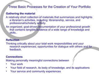 Three Basic Processes for the Creation of Your Portfolio Gathering the material A relatively short collection of materials that summarizes and highlights a librarian’s activities, including: librarianship, service, and professional/scholarly activity. An organized, goal-driven documentation of your professional growth that contains tangible evidence of a wide range of knowledge and skills.. Reflection Thinking critically about your total work responsibilities and your research experiences; opportunities for dialogue with others and for feedback. Connections Making personally meaningful connections between  Your work  Your field of research, its body of knowledge, and its applications Your service and community experiences 