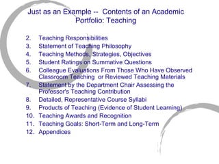 Just as an Example --  Contents of an Academic Portfolio: Teaching Teaching Responsibilities  Statement of Teaching Philosophy  Teaching Methods, Strategies, Objectives  Student Ratings on Summative Questions  Colleague Evaluations From Those Who Have Observed Classroom Teaching  or Reviewed Teaching Materials  Statement by the Department Chair Assessing the Professor's Teaching Contribution  Detailed, Representative Course Syllabi  Products of Teaching (Evidence of Student Learning)  Teaching Awards and Recognition  Teaching Goals: Short-Term and Long-Term  Appendices 