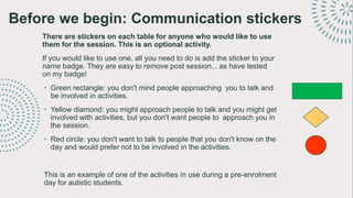 Before we begin: Communication stickers
There are stickers on each table for anyone who would like to use
them for the session. This is an optional activity.
If you would like to use one, all you need to do is add the sticker to your
name badge. They are easy to remove post session... as have tested
on my badge!
• Green rectangle: you don't mind people approaching you to talk and
be involved in activities.
• Yellow diamond: you might approach people to talk and you might get
involved with activities, but you don't want people to approach you in
the session.
• Red circle: you don't want to talk to people that you don't know on the
day and would prefer not to be involved in the activities.
This is an example of one of the activities in use during a pre-enrolment
day for autistic students.
 