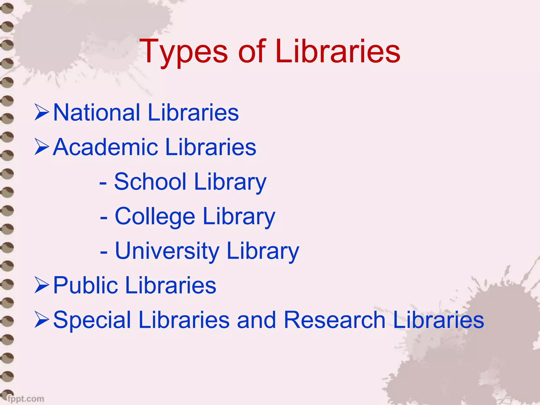 Types of Libraries
National Libraries
Academic Libraries
- School Library
- College Library
- University Library
Public Libraries
Special Libraries and Research Libraries
 