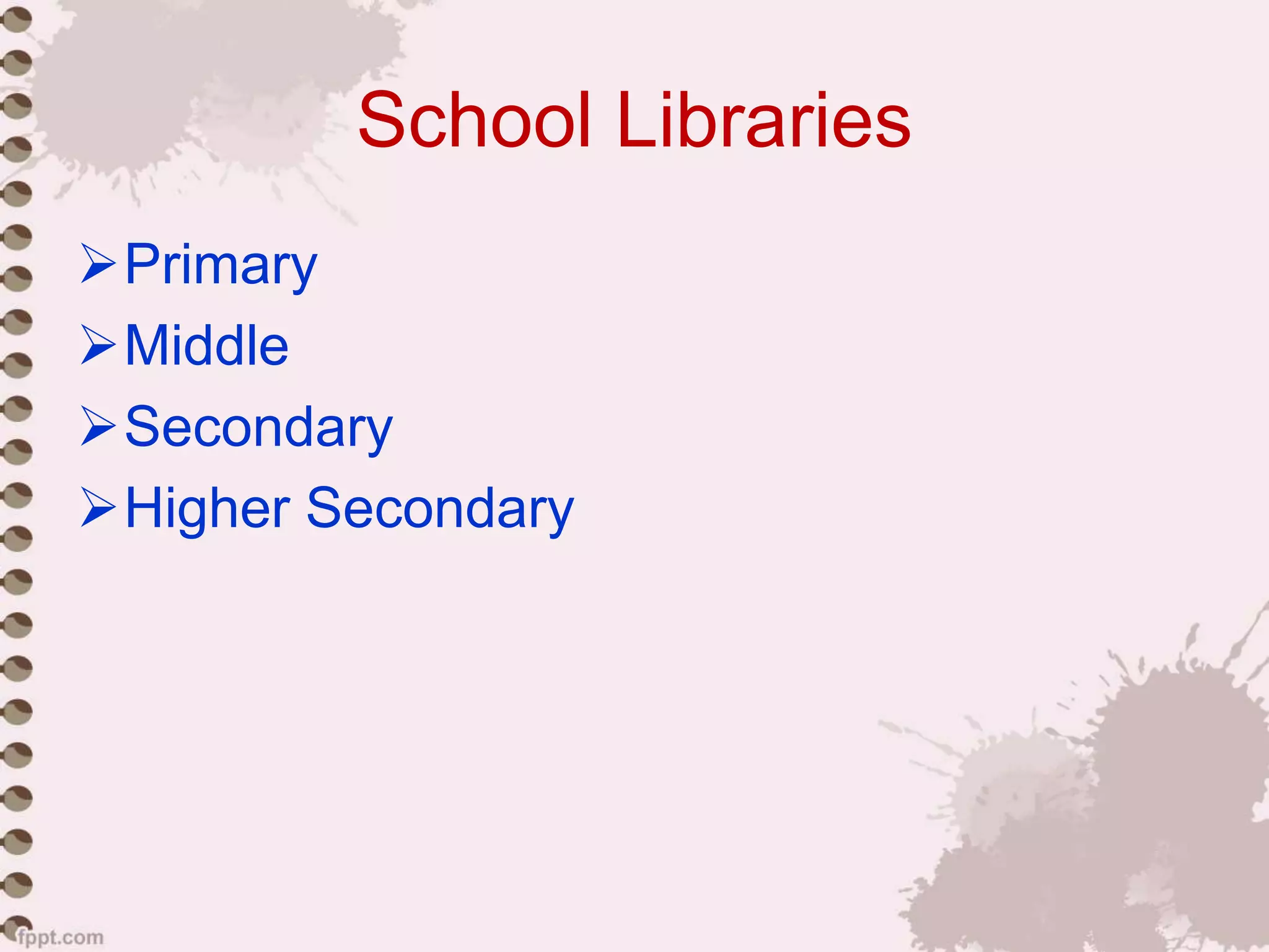 School Libraries
Primary
Middle
Secondary
Higher Secondary
 