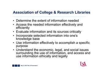Association of College & Research Libraries
11
• Determine the extent of information needed
• Access the needed information effectively and
efficiently
• Evaluate information and its sources critically
• Incorporate selected information into one’s
knowledge base
• Use information effectively to accomplish a specific
purpose
• Understand the economic, legal, and social issues
surrounding the use of information, and access and
use information ethically and legally
May 9, 2016 Title of Presentation
 