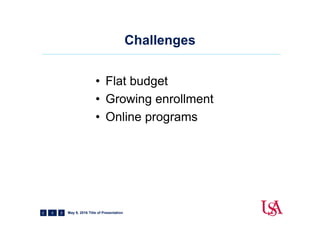 Challenges
8
• Flat budget
• Growing enrollment
• Online programs
May 9, 2016 Title of Presentation
 