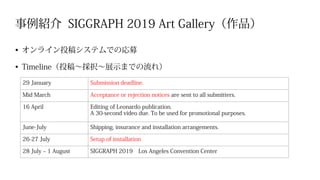 事例紹介 SIGGRAPH 2019 Art Gallery（作品）
•	 オンライン投稿システムでの応募
•	 Timeline（投稿～採択～展示までの流れ）
29 January Submission deadline.
Mid March Acceptance or rejection notices are sent to all submitters.
16 April Editing of Leonardo publication.
A 30-second video due. To be used for promotional purposes.
June-July Shipping, insurance and installation arrangements.
26-27 July Setup of installation
28 July – 1 August SIGGRAPH 2019　Los Angeles Convention Center
 