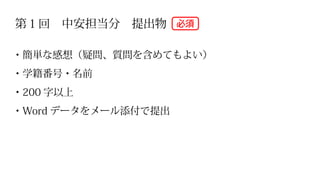 第１回　中安担当分　提出物
・簡単な感想（疑問、質問を含めてもよい）
・学籍番号・名前
・200 字以上
・Word データをメール添付で提出
必須
 