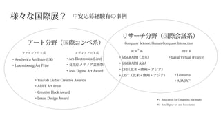 ・SIGGRAPH（北米）
・SIGGRAPH ASIA
・CHI（北米・欧州・アジア）
・UIST（北米・欧州・アジア）
様々な国際展？
アート分野（国際コンペ系）
中安応募経験有の事例
・Aesthetica Art Prize (UK)
・Luxembourg Art Prize
・Ars Electronica (Linz)
・文化庁メディア芸術祭
・Asia Digital Art Award
・YouFab Global Creative Awards
・ALIFE Art Prize
・Creative Hack Award
・Lexus Design Award
IEEE 系
*1 Association for Computing Machinary
*2 Asia Digital Art and Association
ACM 系*1
・Laval Virtual (France)
*2
・Leonardo
・ADADA
メディアアート系ファインアート系
リサーチ分野（国際会議系）
Computer Science, Human Computer Interaction
 