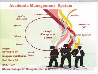 Academic Management System
Quality
Assessment

Administration

Academics

Construction
Cell

Student

Library

College
Management
System

Human Resources

Finance

Alumni
Project
Developed By

Health
Deepen Upadhyaya Centre

Hostel
Material

Roll No :- 39
BCA – VIth
Shipra College Of Computer Sci. & IT

 