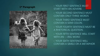 • YOUR FIRST SENTENCE MUST
START WITH AN ADVERB.
• YOUR SECOND SENTENCE MUST
CONTAIN ONLY THREE WORDS
• YOUR THIRD SENTENCE MUST
CONTAIN A SEMI COLON.
• YOUR FOURTH SENTENCE MUST BE
A RHETORICAL QUESTION.
• YOUR FIFTH SENTENCE WILL START
WITH AN ---ING WORD
• YOUR SIXTH SENTENCE WILL
CONTAIN A SIMILE OR A METAPHOR
1st Paragraph
 