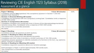 Reviewing CIE English 1123 Syllabus (2018)
Assessment at a glance
 