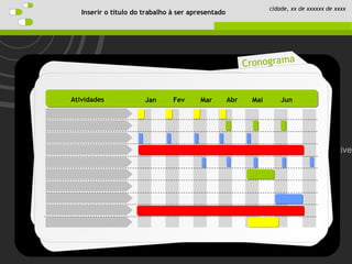 Schedule
Perspective
Introduction
Objective
Cronograma
Atividades Jan Fev Mar Abr Mai Jun
Inserir o título do trabalho à ser apresentado
cidade, xx de xxxxxx de xxxx
 