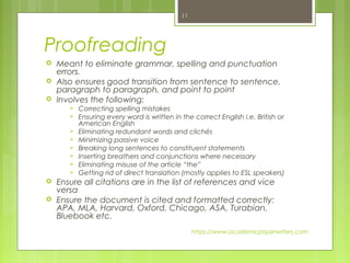 Proofreading
 Meant to eliminate grammar, spelling and punctuation
errors.
 Also ensures good transition from sentence to sentence,
paragraph to paragraph, and point to point
 Involves the following:
 Correcting spelling mistakes
 Ensuring every word is written in the correct English i.e. British or
American English
 Eliminating redundant words and clichés
 Minimizing passive voice
 Breaking long sentences to constituent statements
 Inserting breathers and conjunctions where necessary
 Eliminating misuse of the article “the”
 Getting rid of direct translation (mostly applies to ESL speakers)
 Ensure all citations are in the list of references and vice
versa
 Ensure the document is cited and formatted correctly:
APA, MLA, Harvard, Oxford, Chicago, ASA, Turabian,
Bluebook etc.
https://www.academicpaperwriters.com
11
 
