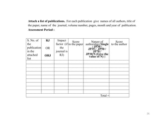 26
Attach a list of publications. For each publication give names of all authors, title of
the paper, name of the journal, volume number, pages, month and year of publication.
Assessment Period :
S. No. of
the
publication
in the
attached
list
RJ
OR
ORJ
Impact
factor (if
the
journal is
RJ)
Score
to the paper
Nature of
authorship (Single
/ JP30 /
JP35 / JP50 /
JP70 /
JP30/N (Give the
value of N) )
Score
to the author
Total =
 