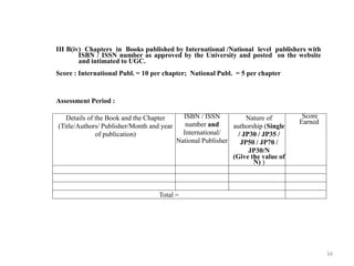 34
III B(iv) Chapters in Books published by International /National level publishers with
ISBN / ISSN number as approved by the University and posted on the website
and intimated to UGC.
Score : International Publ. = 10 per chapter; National Publ. = 5 per chapter
Assessment Period :
Details of the Book and the Chapter
(Title/Authors/ Publisher/Month and year
of publication)
ISBN / ISSN
number and
International/
National Publisher
Nature of
authorship (Single
/ JP30 / JP35 /
JP50 / JP70 /
JP30/N
(Give the value of
N) )
Score
Earned
Total =
 