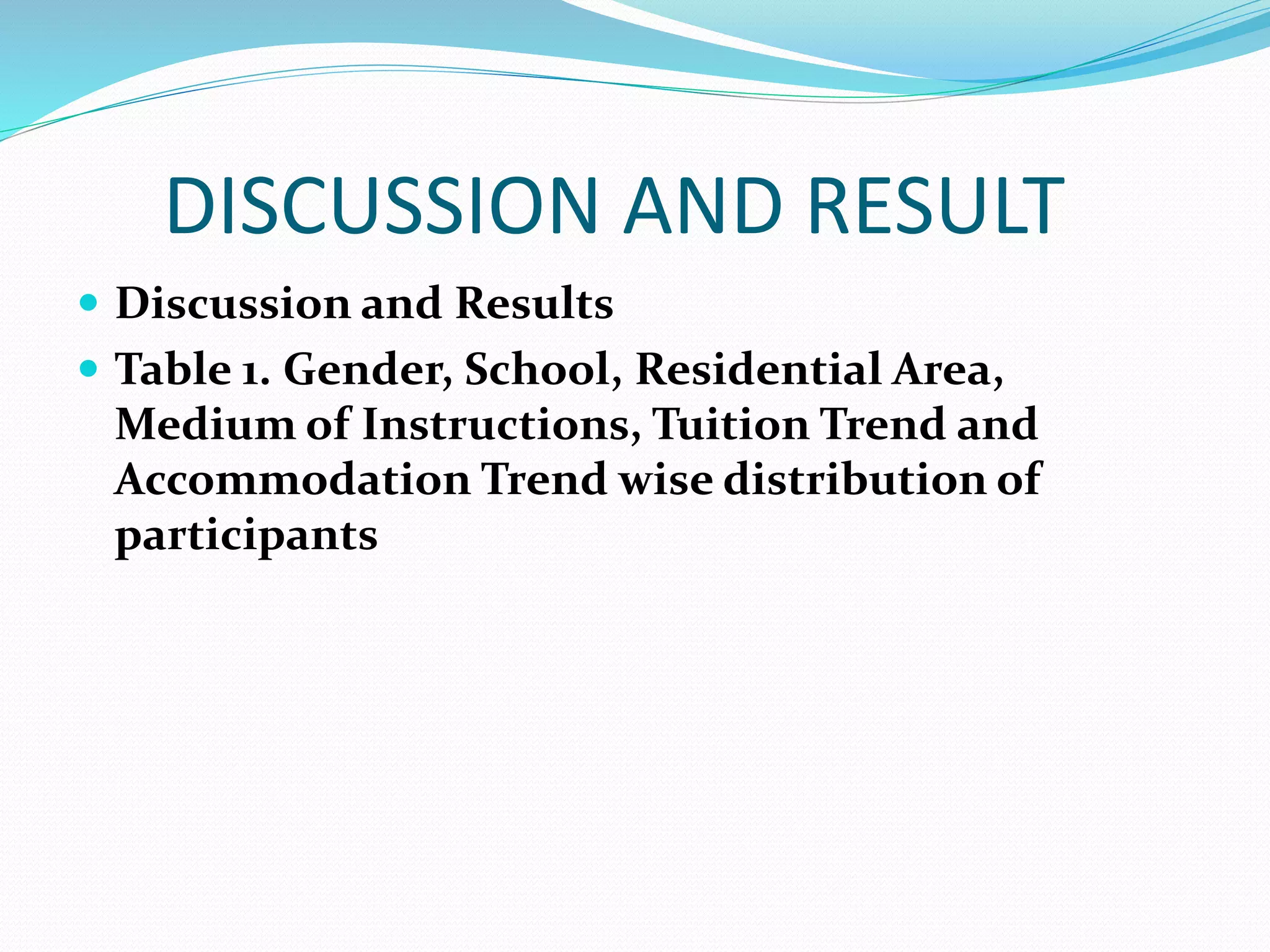 DISCUSSION AND RESULT
 Discussion and Results
 Table 1. Gender, School, Residential Area,
Medium of Instructions, Tuition Trend and
Accommodation Trend wise distribution of
participants
 