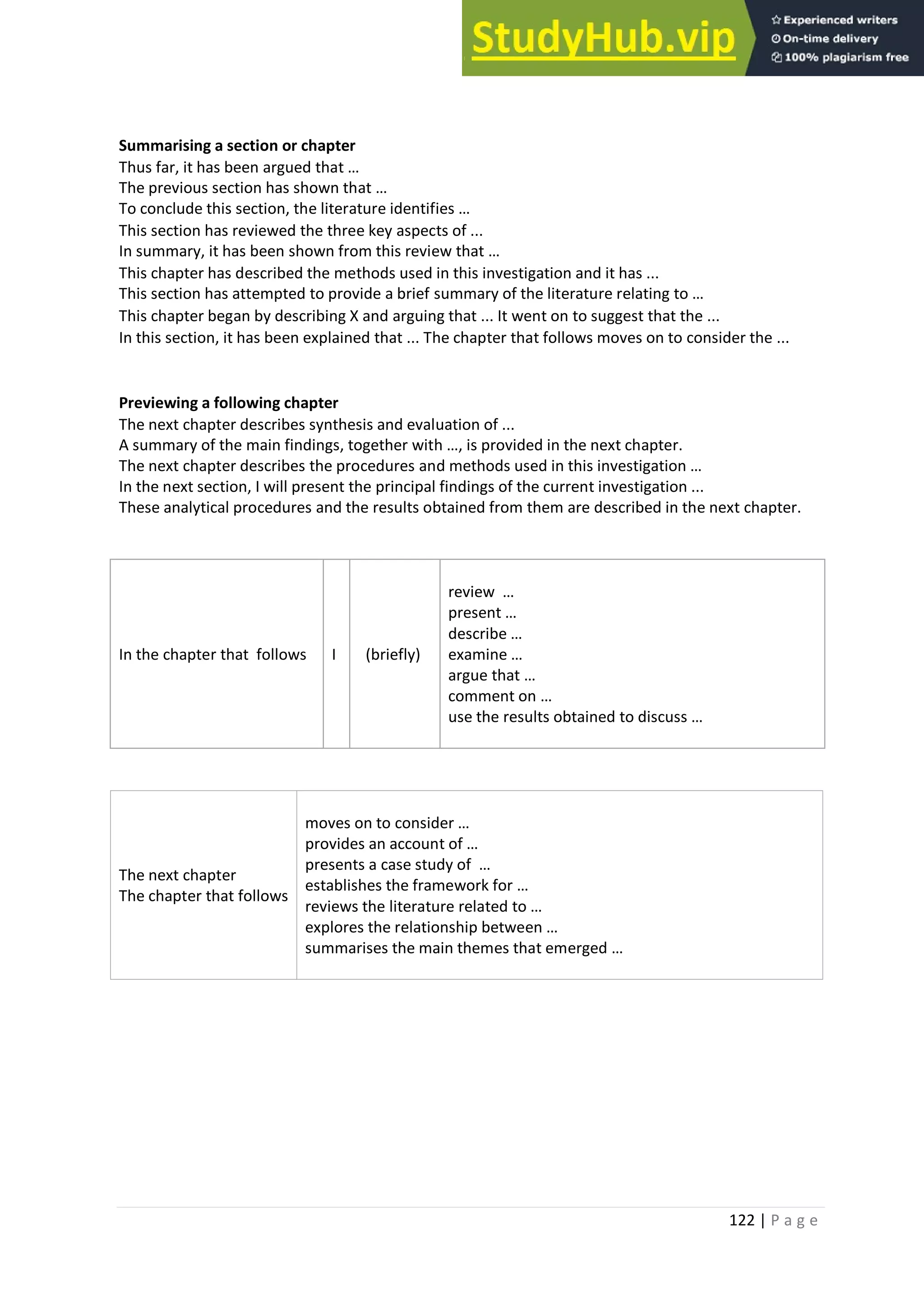 122 | P a g e
Summarising a section or chapter
Thus far, it has been argued that …
The previous section has shown that …
To conclude this section, the literature identifies …
This section has reviewed the three key aspects of ...
In summary, it has been shown from this review that …
This chapter has described the methods used in this investigation and it has ...
This section has attempted to provide a brief summary of the literature relating to …
This chapter began by describing X and arguing that ... It went on to suggest that the ...
In this section, it has been explained that ... The chapter that follows moves on to consider the ...
Previewing a following chapter
The next chapter describes synthesis and evaluation of ...
A summary of the main findings, together with …, is provided in the next chapter.
The next chapter describes the procedures and methods used in this investigation …
In the next section, I will present the principal findings of the current investigation ...
These analytical procedures and the results obtained from them are described in the next chapter.
In the chapter that follows I (briefly)
review …
present …
describe …
examine …
argue that …
comment on …
use the results obtained to discuss …
The next chapter
The chapter that follows
moves on to consider …
provides an account of …
presents a case study of …
establishes the framework for …
reviews the literature related to …
explores the relationship between …
summarises the main themes that emerged …
 