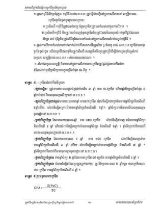 saklviTüal½yExµrbec©kviTüanigRKb;RKg
       k-Rtg;kmµviFIsikSaépÞkñúg¬kmµviFIrbs;s>x>b>K¦RtUveFVICabBa¢IenAkñúgkalviPaKenA lkçnþik³enH /
                    eRkDItKYrEtpþl;CUndUcxageRkam³
               1>RbsinebI kmµviFIRtUv)anbMeBj cMnYneRkDItRtUv)ankMNt;enAkñúgkalviPaK .
              2>RbsinebIkmµviFI minRtUv)anbMeBjcMnYneRkDItnwgRtUvvaytMélsrubsMrab;muxviC¢aEdl)an
               sikSa Cab; bu:EnþminRtUvelIBinÞúEdlmankMNt;enAkñúgkalviPaKsMrab;bBa©b;kmµviFI .
       x-Rtg;kalviPaKkMNt;PaBCak;lak;sMrab;kMritsaklviTüal½y b¤ CMnaj rbs; s>x>b>K eRkDIt)anepÞr
       KYrEtpþl; CUn ehIyeRkDIEdlepÞminRtUvelIsBI 84eRkDItnwgKYrRtUveRbIedIm,IbMeBjlkçx½NÐsMrab;
       lkçN³ sm,tþirbs; s>x>b>K ¬sMrab;sresrsarNa¦.
        K-sMrab;lkçN³sm,tþi minmanenAkñúgkalviPaKenaHeRkDItRtUvpþl;CUntamkMritvay
       tMélsMrab;muxviC¢asikSaxagkñúgeRcInbMput 84 BinÞú .

maRta 4³ eRkDItsMrab;kMritnImYy²
      -fañk;bNÐit³ RtUvmanry³eBlRsavRCavy:agtic 3 qñaM man 54eRkDIt ehIyqñaMsikSaeRcInbMput 8
       fañ bNÐ
      qñaMrab;cab; BIeBlcuHeQµaHsikSaenA s>x>b>K .
      -fañk;bririBaØab½RtCan;x<s;manry³eBl3qñaM man57eRkDIt sMrab;nisSiteBjem:agmanqñaMsikSaminelIsBI
       fañ b tCan;
      5qñaMehIy sMrab;nisSiteRkAem:agmanqñaMsikSaminelIsBI 6qñaM. qñaMsikSarab;Kitcab;BIeBlcuHeQµaH
      cUleronenA s>x>b>K .
      -fñak;bririBaØab½Rt Edlmanry³eBl4qñaM man 120 eRkDIt sMrab;nisSiteBj em:agmanqñaMsikSa
       fñ k;b
      minelIsBI 5 qñaM ehIysMrab;nisSiteRkAem:agmanqñaMsikSa minelIsBI 6qñaM . qñaMsikSarab;Kitcab;BI
      eBlcuHeQµaHcUleronenA s>x>b>K .
      -fñak;bririBaØab½Rt Edlmanry³eBl 4 qñaM man 140 eRkDIt
       fñ k;b                                                                       sMrab;nisSiteBjem:ag
      manqñaMsikSaminelIsBI 6 qñaM ehIy sMrab;nisSiteRkAem:agmanqñaMsikSa minelIsBI 7 qñaM .
      qñaMsikSarab;Kitcab;BIeBlcuHeQµaHcUleron enA s>x>b>K.
      -fñak;bririBaØab½Rtrg manqñaMsikSa 2 qñaMEdlmaneRkDIt 57 eRkDIt manqñaMsikSaminelIsBI 4 qñaM .
       fñ k;b
      -fñak;bririBaØab½Rtrg cMeBaHnisSitEdlRbLgFøak;)ak;Dub RtUvsikSary³eBl 2 qñaMknøH maneRkDItsrub
       fñ k;b
      81 eRkDIt manqñaMsikSaminelIsBI 4 qñaM .
maRta 5³rUbmnþKNnaeRkDIt
                       Σ(PxC)
         GPA=
                           ΣC


RtYtBinitünigGnum½tedayRkumRbwkSakic©bNÐitsPaGb;rM    10                      eKalneya)aysikSaFikar
 