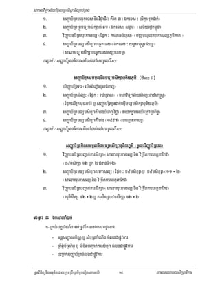 saklviTüal½yExµrbec©kviTüanigRKb;RKg
    1>            sBaØab½Rtbec©keTs nigviC¢aCIv³ kMrit 3 ¬ÉkeTs ³ brikçarRtCak;¦
    2>            sBaØab½RtRKÚmFümsikSakMrit1 ¬ÉkeTs³ sgÁm¦ ¬sm½yrdækm<úCa¦
    3>            viBaØabnb½RtKruekaslü ¬Epñk ³ PasaGg;eKøs¦ ¬mCÄmNÐlKruekaslüPUmiPaK ¦
    4>            sBaØab½RtmFümsikSabec©keTs ¬ÉkeTs ³ ynþsa®sþrfynþ¦
                  ¬salamFümsikSabec©keTs]sSahkmµ¦
       bBa¢ak; ³ sBaØab½RtTaMgenHcaM)ac;eTAsmmUlBI   ACC




                              sBaØab½RtsmmUlnwgmFümsikSaTutiyPUmi (Bacc II)
       1>             briBaØabR½trg ¬ebIcg;eronxusCMnaj¦
       2>             sBaØab½Rtsil,³ ¬Epñk ³ r)aMburaN¦ ¬mhaviTüal½ysil,³nadsa®sþ¦
                      ¬Ep¥kelIRksYgGb;rM b¤ sBaØabR½txøHdak;esµImFümsikSaTutiyPUmi¦
       3>             sBaØab½RtmFümsikSakMrit2bMeBjviC¢a ¬naykdæanGb;rMeRkARbB½næ¦
       4>             sBaØab½RtmFümsikSakMrit2 ¬1997¦ ¬beNþaHGasnñ¦
       bBa¢ak; ³ sBaØab½RtTaMgenHmincaM)ac;eTAsmmUlBI   ACC




                         sBaØab½RtminsmmUlnwgmFümsikSaTutiyPUmi ¬cUlbriBaØab½Rtrg¦
       1>             viBaØabnb½RtbBa¢ak;karsikSa ¬salaKruekaslü nig viRkwtkarextþtaEkv¦
                      ¬bzmsikSa 12 bUk 2 CMnan;TI12¦
       2>             sBaØab½RtmFümsikSaKruekaslü ¬Epñk ³ bzmsikSa b¤ bzmsikSa ¬11 ÷ 2¦
                      ¬salaKruekaslü nig viRkwtkarextþtaEkv¦
       3>             viBaØabnb½RtbBa¢ak;karsikSa ¬salaKruekaslü nig viRkwtkarextþtaEkv¦
                      ¬KrunisisS 12 ÷ 2 b¤ KrusisSbzmsikSa 12 ÷ 2¦

                  ac;
maRta 3³ ÉksarcaM)ac;
         k-RKb;ebkçCnTaMgGs;RtUvEtmanÉksardUcxag
            - GnþsBaØaNb½NÑ b¤ sMbuRtkMeNIt cMlgCapøÚvkar
            - RBwtþib½RtBinÞú b¤ lixitbBa¢ak;karsikSa cMlgCapøÚvkar
            - bBa¢ak;sBaØab½RtcMlgCapøÚvkar

RtYtBinitünigGnum½tedayRkumRbwkSakic©bNÐitsPaGb;rM         14                eKalneya)aysikSaFikar
 