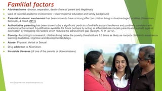 Familial factors
 A broken home -divorce, separation, death of one of parent and illegitimacy
 Lack of parental academic involvement, - lower maternal education and family background
 Parental academic involvement has been shown to have a strong effect on children living in disadvantaged localities (Greenman,
Bodovski, & Reed, 2011)
 Authoritative parenting has been shown to be a significant predictor of self-efficacy and resilience and positively correlates with
academic achievement. A justification available for this is perhaps by acting as influential role models parents add a shield against
deprivation by mitigating risk factors which reduces the achievement gap (Speight, N. P. (2010).
 Poverty- According to a research, children living below the poverty threshold are 1.3 times as likely as nonpoor children to experience
learning disabilities, cognitive and developmental delays.
 Abuse- Physical, Verbal or Sexual
 Drug addiction or Alcoholism.
 Incurable diseases (of one of the parents or close relatives).
Rima Sehgal PhD rima.sehgal@fulbrightmail.org
 