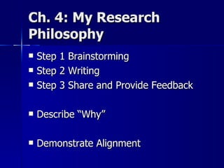 Ch. 4: My Research Philosophy Step 1 Brainstorming Step 2 Writing Step 3 Share and Provide Feedback Describe “Why” Demonstrate Alignment  