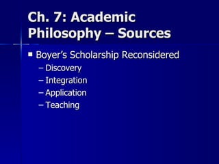 Ch. 7: Academic  Philosophy – Sources Boyer’s Scholarship Reconsidered Discovery Integration Application Teaching 