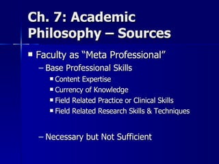 Ch. 7: Academic Philosophy – Sources Faculty as “Meta Professional” Base Professional Skills Content Expertise Currency of Knowledge Field Related Practice or Clinical Skills Field Related Research Skills & Techniques Necessary but Not Sufficient 