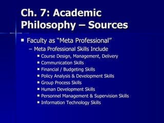 Ch. 7: Academic  Philosophy – Sources Faculty as “Meta Professional” Meta Professional Skills Include Course Design, Management, Delivery Communication Skills Financial / Budgeting Skills Policy Analysis & Development Skills Group Process Skills Human Development Skills Personnel Management & Supervision Skills Information Technology Skills 