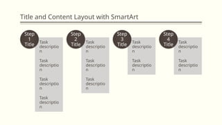 Title and Content Layout with SmartArt
Task
descriptio
n
Task
descriptio
n
Task
descriptio
n
Task
descriptio
n
Step
1
Title
Task
descriptio
n
Task
descriptio
n
Task
descriptio
n
Step
2
Title
Task
descriptio
n
Task
descriptio
n
Step
3
Title
Task
descriptio
n
Task
descriptio
n
Step
4
Title
 