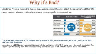 • Academic Pressure makes the student to perceive negative thoughts about the education and their life.
• Most students who can not handle academic pressure prefer commits suicide.
• The NCRB data shows that 10,159 students died by suicide in 2018, an increase from 9,905 in 2017, and 9,478 in 2016.
(29th Jan 2020, The Hindu)
• According to a 2012 Lancet report, suicide rates in India are highest in the 15-29 age group — the youth population. The
report says that among men, 40% suicides were by individuals aged 15-29, while for women it was almost 60%.
 