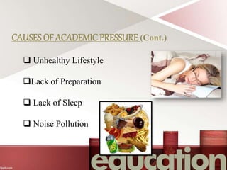 CAUSES OF ACADEMIC PRESSURE (Cont.)
 Unhealthy Lifestyle
Lack of Preparation
 Lack of Sleep
 Noise Pollution
 
