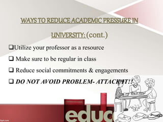 Utilize your professor as a resource
 Make sure to be regular in class
 Reduce social commitments & engagements
 DO NOT AVOID PROBLEM- ATTACK IT!!
 