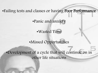 •Failing tests and classes or having Poor Performance
•Panic and anxiety
•Wasted Time
•Missed Opportunities
•Development of a cycle that will continue on in
other life situations
 