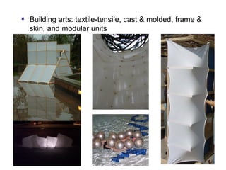 Building arts: textile-tensile, cast & molded, frame & skin, and modular units 