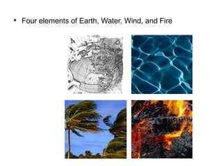 Four elements of Earth, Water, Wind, and Fire 