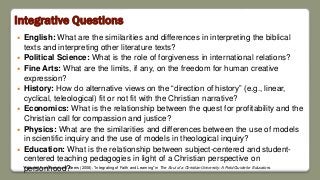 Integrative Questions
 English: What are the similarities and differences in interpreting the biblical
texts and interpreting other literature texts?
 Political Science: What is the role of forgiveness in international relations?
 Fine Arts: What are the limits, if any, on the freedom for human creative
expression?
 History: How do alternative views on the “direction of history” (e.g., linear,
cyclical, teleological) fit or not fit with the Christian narrative?
 Economics: What is the relationship between the quest for profitability and the
Christian call for compassion and justice?
 Physics: What are the similarities and differences between the use of models
in scientific inquiry and the use of models in theological inquiry?
 Education: What is the relationship between subject-centered and student-
centered teaching pedagogies in light of a Christian perspective on
personhood?*Adapted from Beers and Beers (2008). “Integrating of Faith and Learning” in The Soul of a Christian University: A Field Guide for Educators.
 