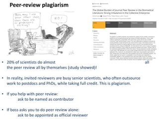Peer-review plagiarism
• 20% of scientists do almost all
the peer review all by themselves (study showed)!
• In reality, invited reviewers are busy senior scientists, who often outsource
work to postdocs and PhDs, while taking full credit. This is plagiarism.
• If you help with peer review:
ask to be named as contributor
• If boss asks you to do peer review alone:
ask to be appointed as official reviewer
 
